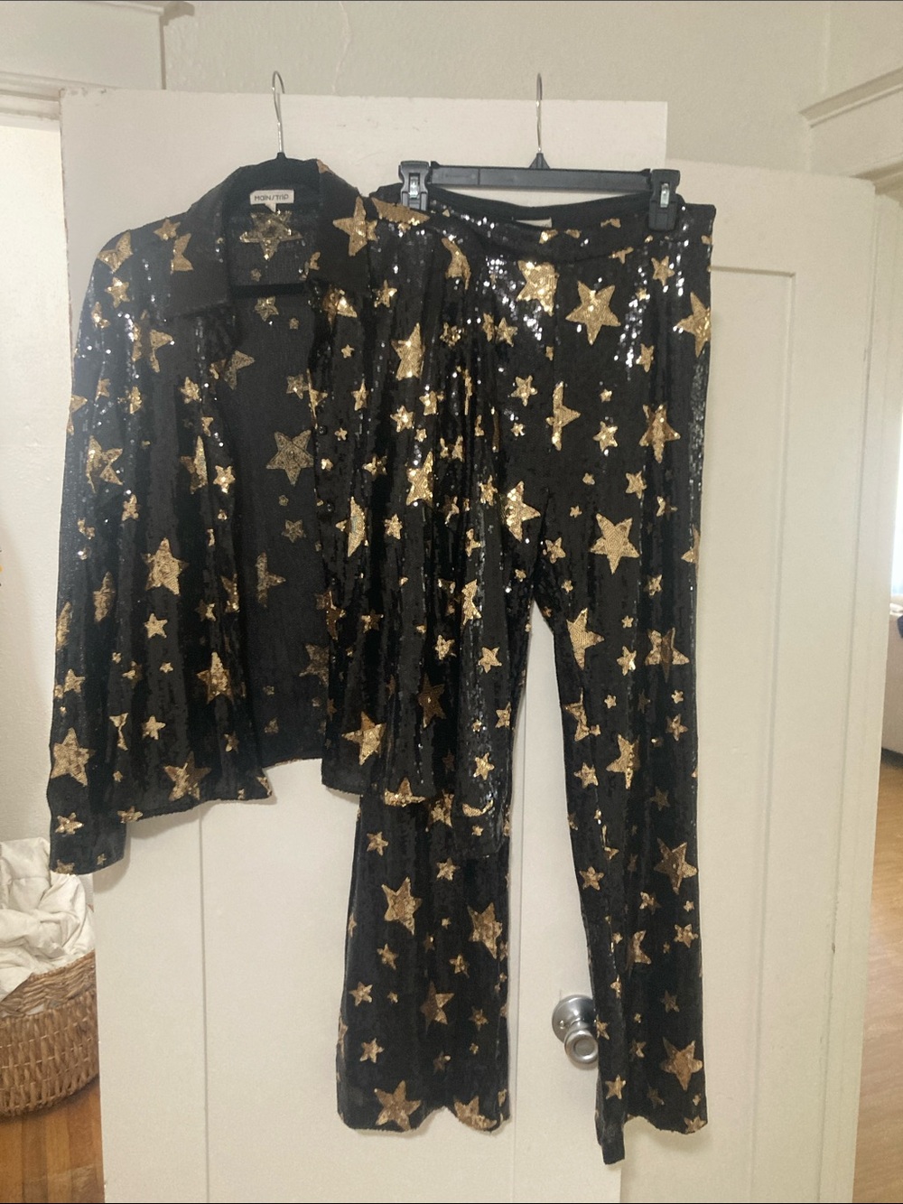 Main Strip Black Sequin Bootcut Pants with Gold Stars